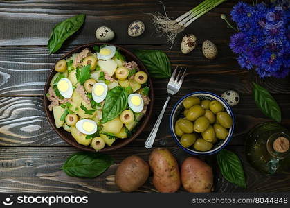 Fresh Spanish potato salad with tuna, still life