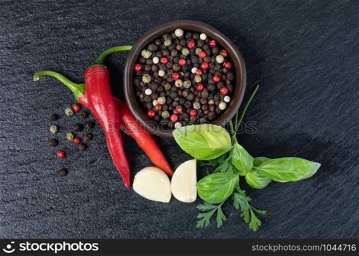 Fresh spices and herbs on a table. Fresh spices and herbs