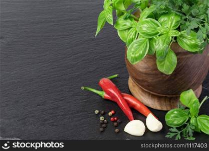 Fresh spices and herbs on a table. Fresh spices and herbs