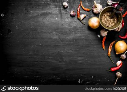 Fresh spices and herbs. The black chalkboard.. Fresh spices and herbs
