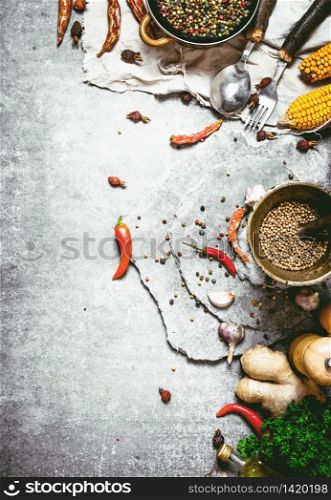 Fresh spices, herbs and autumn vegetables. On a stone background.. Fresh spices, herbs and autumn vegetables