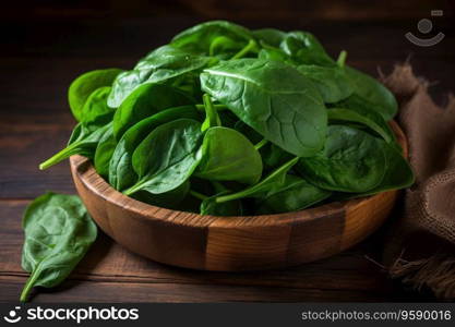 Fresh spinach leaves on rustic wooden table