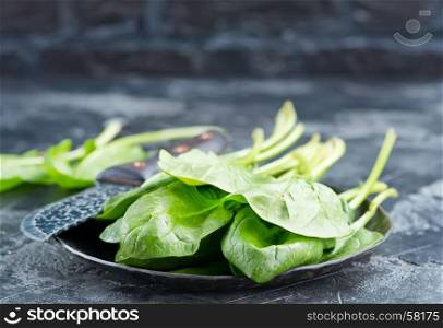 fresh spinach on plate and on a table