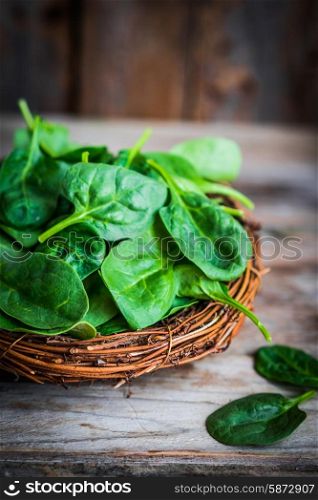Fresh spinach on rustic wooden background