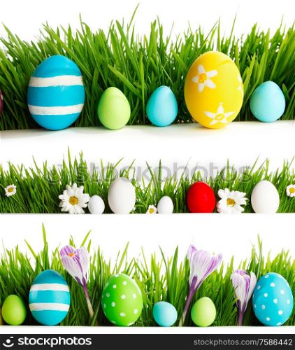 Fresh spring and Easter borders isolated on white background. Eggs, flowers and green grass.. Fresh spring Easter borders on white