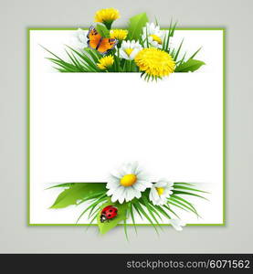 Fresh spring background with grass, dandelions and daisies. Vector