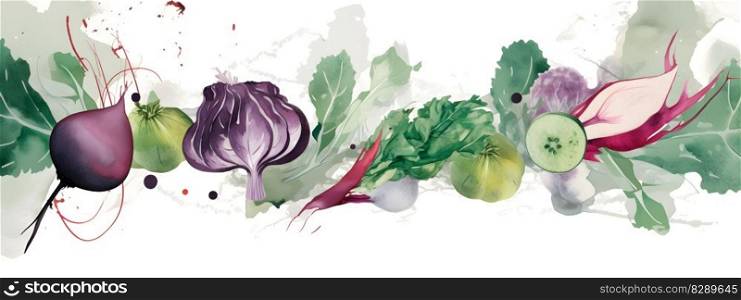 Fresh spring greens and vegetables on wide long banner set collection watercolor illustration background with copy space. Vegetarian composition for farmers markets. AI Generative content