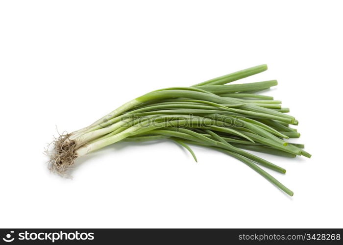 Fresh spring onions on white background,