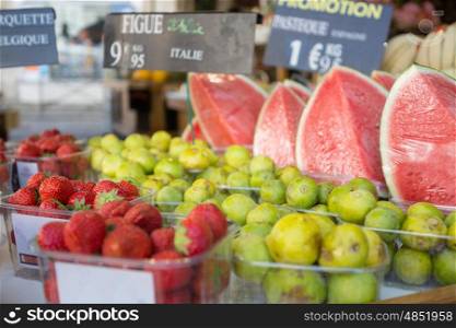Fresh Strawberries, figs and watermelons selling in Paris