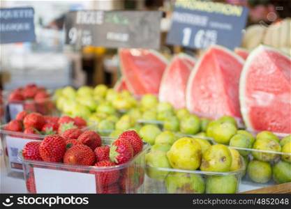 Fresh Strawberries figs and watermelons selling in Paris