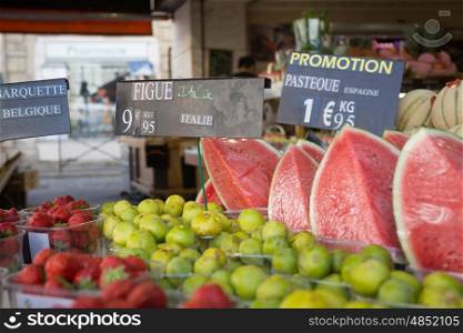 Fresh Strawberries figs and watermelons selling in Paris