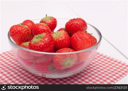 Fresh Strawberries in Glass Bowl on Wooden Table