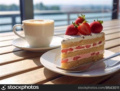 Fresh strawberry cake with coffee cup on coffee shop table.AI Generative.