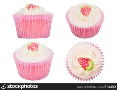 Fresh strawberry cupcake muffins with raw berries on white background