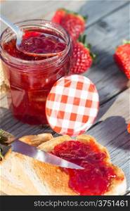 Fresh strawberry jam with toast for breakfast