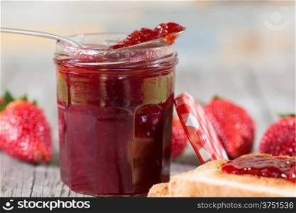 Fresh strawberry jam with toast for breakfast