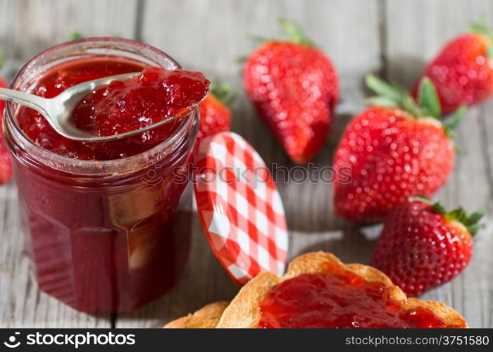 Fresh strawberry jam with toast for breakfast