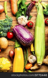 Fresh summer and autumn vegetables.Vegan food.Healthy food background. Big set of fresh vegetables