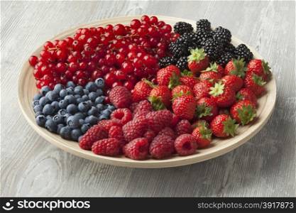 Fresh summer fruit on a plate,blueberries,strawberries,red currants,raspberries and blackberries