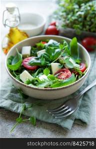 Fresh summer salad with arugula,  red cherry tomatoes, basil  and mozzarella