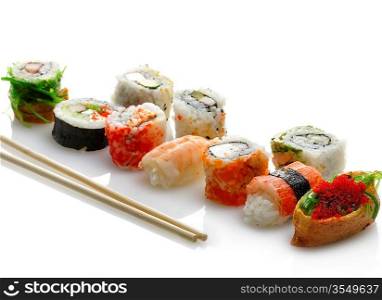 Fresh Sushi Assortment On White Background