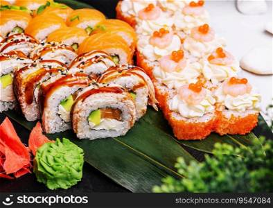 Fresh sushi traditional japanese food on big plate