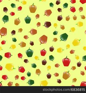 Fresh Sweet Colored Red Green Yellow Bell Peppers Seamless Pattern on Yellow Background. Bell Peppers Seamless Pattern on Yellow Background
