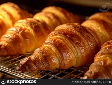 Fresh sweet croissants in bakery oven.AI Generative