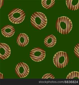 Fresh Sweet Donuts Seamless Pattern on Green Background. Delicios Tasty Glazed Donut. Cream Yummy Cookie.. Fresh Sweet Donuts Seamless Pattern