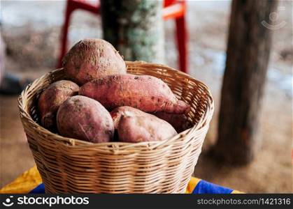 Fresh sweet potatoes or Japanese yam in wooden basket, asian organic farming product.