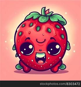 Fresh sweet red strawberry cute laughing cartoon character illustration. Funny food personage with smiling face in Japanese kawaii chibi style. AI Generative content
