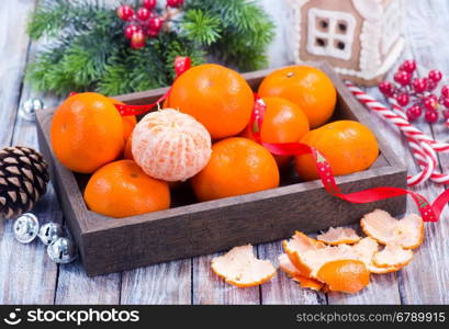 fresh tangerines on tray and on a table