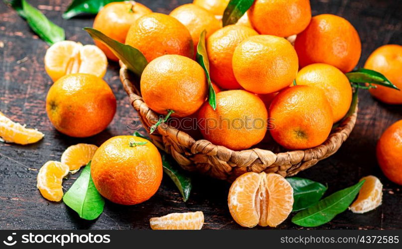 Fresh tangerines with leaves in a basket. Against a dark background. High quality photo. Fresh tangerines with leaves in a basket.