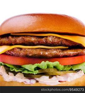 Fresh tasty burger close up on white background