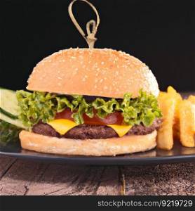 Fresh tasty burger with fried meat, cheese, lettuce and tomatoes. Fast food dish in a restaurant. AI generated.. Fresh tasty burger with fried meat, cheese, lettuce and tomatoes. AI generated.