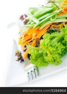 Fresh tasty green salad on the white plate with a fork, organic food, delicious vegetarian dish, healthy nutrition concept