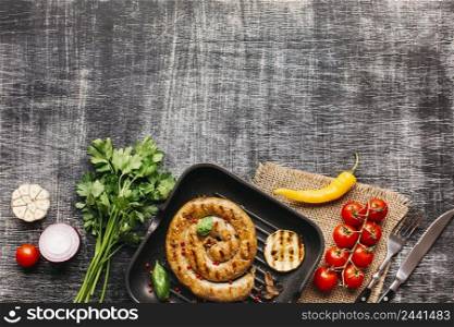 fresh tasty ingredient fried snail sausages bottom grey wooden textured