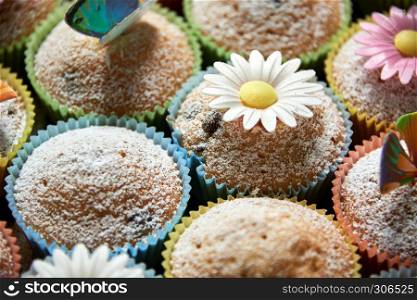 fresh tasty muffins with decoration