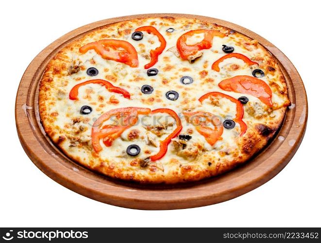 fresh tasty pizza on wooden plate with clipping path. pizza on wooden plate