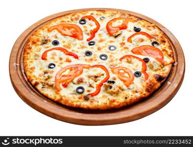 fresh tasty pizza on wooden plate with clipping path. pizza on wooden plate