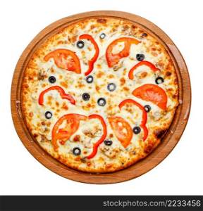 fresh tasty pizza on wooden plate with clipping path. pizza on wooden plate