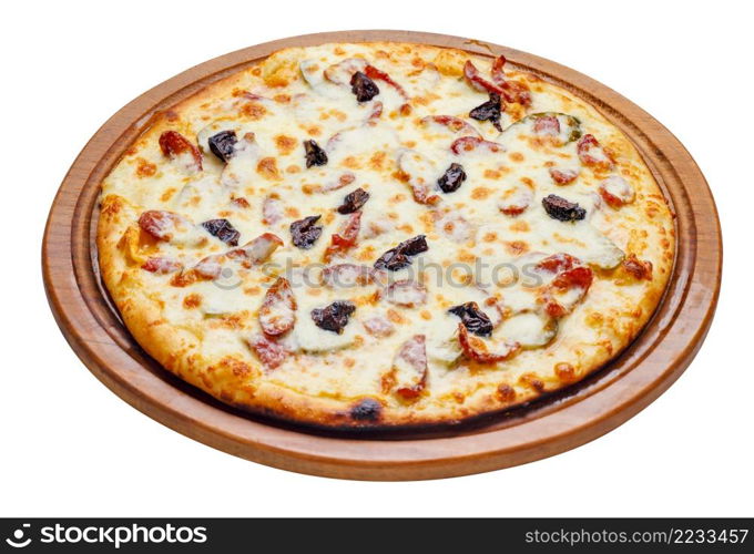 fresh tasty pizza on wooden plate with clipping path. pizza on wooden plate