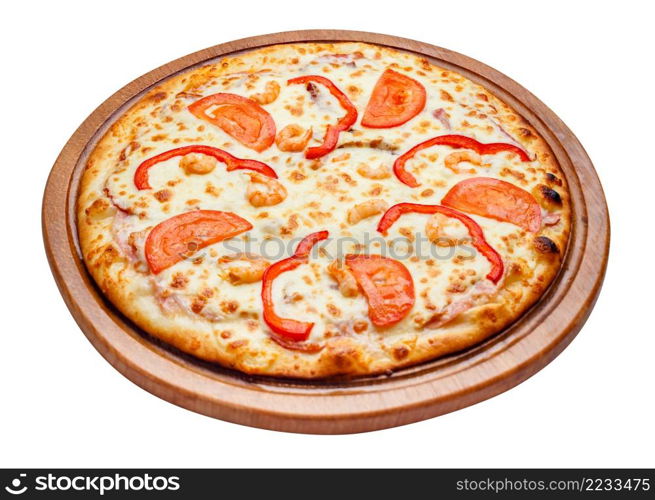 fresh tasty pizza on wooden plate with clipping path. pizza on wooden plate