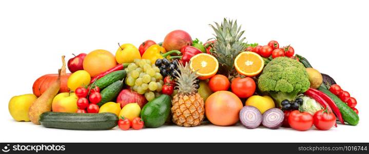 Fresh tasty vegetables, fruits and berries isolated on white background. Copy space
