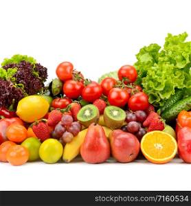 Fresh tasty vegetables, fruits and berries isolated on white background. Copy space
