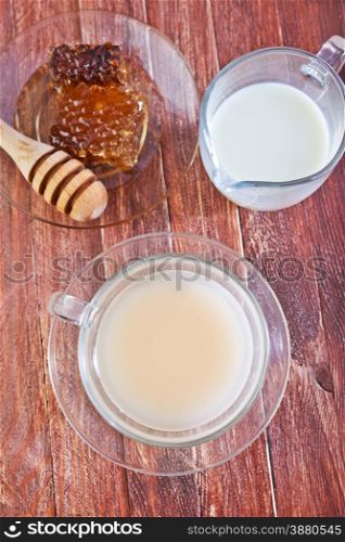 fresh tea with milk and honey in cup