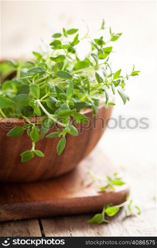 fresh thyme herb in wooden bowl