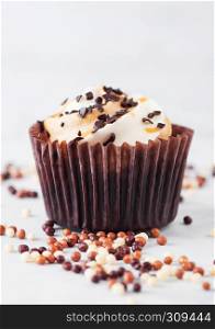 Fresh toffee cupcake muffin with caramel and chocolate on marble background