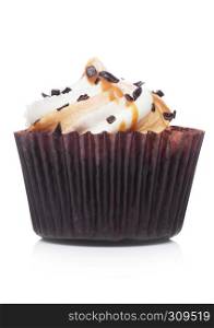 Fresh toffee cupcake muffin with caramel and chocolate on white background