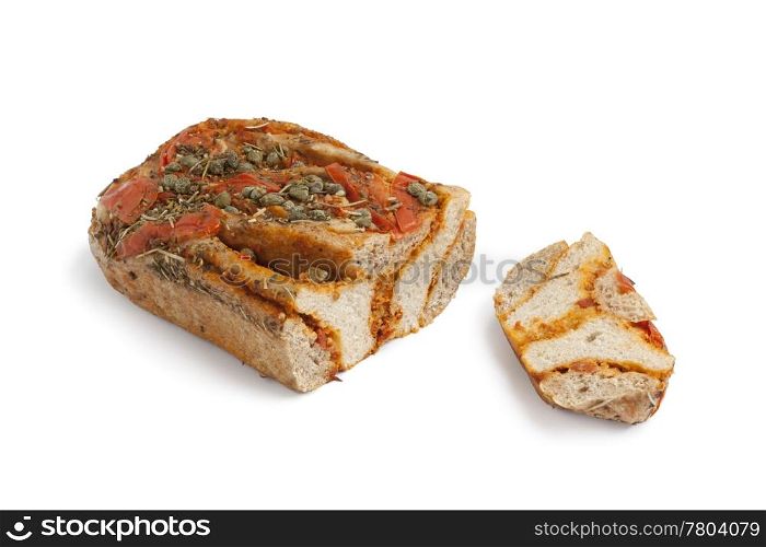 Fresh tomato Caper bread on white background